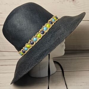 Vintage Adolfo II New York Paris Oversized Straw Floppy Sun Hat With Beaded Band
